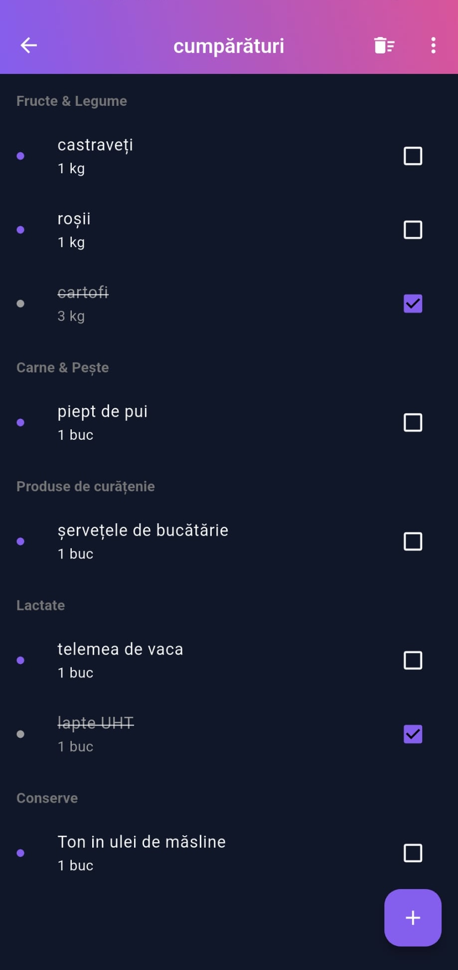 Ecran liste cumpărături